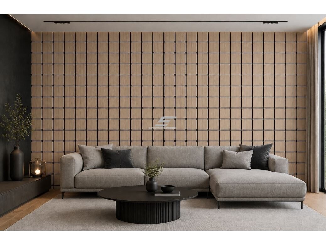 Dekoratyvinė akustinė sienų | lubų plokštė | apdaila | kvadratinių elementų | 605x600x18mm | MDF + PET | ąžuolo imitacija 2
