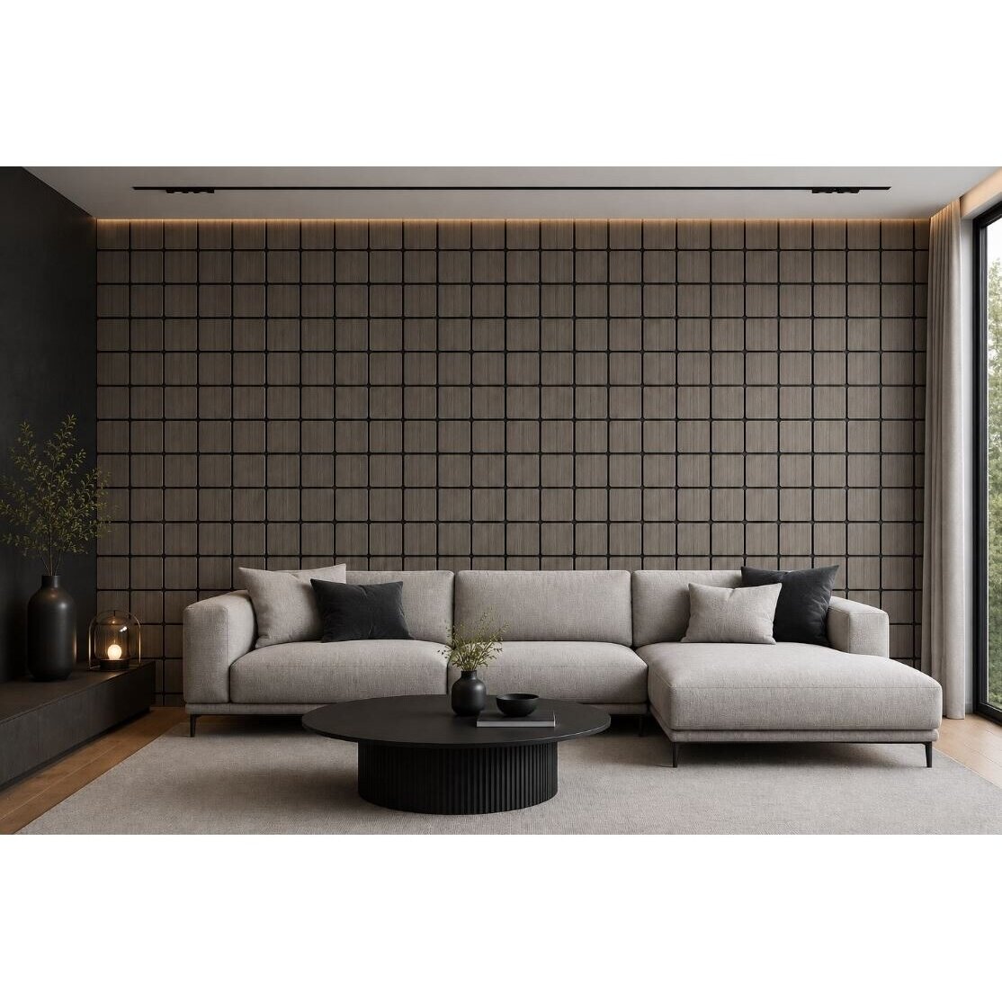 Dekoratiivne akustiline seina- | laepaneel | ruudukujulised elemendid | siseviimistlus | 605x600x18mm | MDF + PET | tumehalli tamme imitatsioon 2
