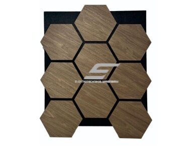 Dekoratyvinė akustinė sienų | lubų plokštė | apdaila | bičių korio | šešiakampių raštas | 795,27x650,98x18mm | MDF + PET | riešutmedžio imitacija Dekoratyvinė akustinė sienų | lubų plokštė | apdaila | bičių korio | šešiakampių raštas | 795,27x650,98x18mm | MDF + PET | riešutmedžio imitacija