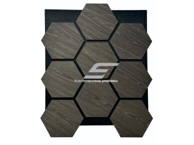 Dekoratyvinė akustinė sienų | lubų plokštė | apdaila | bičių korio | šešiakampių raštas | 795,27x650,98x18mm | MDF + PET | tamsiai pilko ąžuolo imitacija