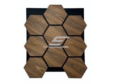 Dekoratyvinė akustinė sienų | lubų plokštė | apdaila | bičių korio | šešiakampių raštas | 795,27x650,98x18mm | MDF + PET | dūminio ąžuolo imitacija