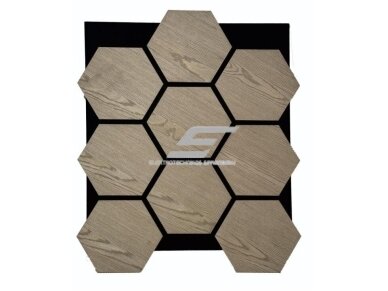 Dekoratyvinė akustinė sienų | lubų plokštė | apdaila | bičių korio | šešiakampių raštas | 795,27x650,98x18mm | MDF + PET | pilko ąžuolo imitacija