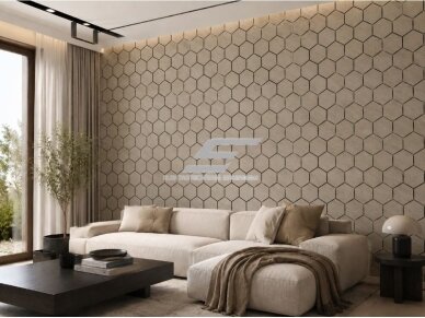 Dekoratyvinė akustinė sienų | lubų plokštė | apdaila | bičių korio | šešiakampių raštas | 795,27x650,98x18mm | MDF + PET | pilko ąžuolo imitacija 2
