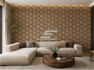 Dekoratyvinė akustinė sienų | lubų plokštė | apdaila | bičių korio | šešiakampių raštas | 795,27x650,98x18mm | MDF + PET | šviesaus riešutmedžio imitacija 2 Dekoratyvinė akustinė sienų | lubų plokštė | apdaila | bičių korio | šešiakampių raštas | 795,27x650,98x18mm | MDF + PET | šviesaus riešutmedžio imitacija 2