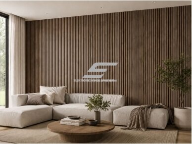 Dekoratyvinė akustinė sienų | lubų plokštė | lamelė | apdaila | 3000x600x22mm | MDF + PET | natūralus riešutmedis 3 Dekoratyvinė akustinė sienų | lubų plokštė | lamelė | apdaila | 3000x600x22mm | MDF + PET | natūralus riešutmedis 3