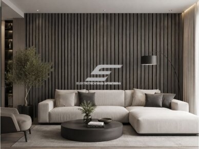 Dekoratyvinė akustinė sienų | lubų plokštė | lamelė | apdaila | 600x600x22mm | MDF + PET | tamsiai pilko ąžuolo imitacija 3
