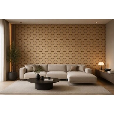Dekoratīvs akustiskais sienu | griestu panelis | apdare | bišu šūnu | sešstūru raksts | 795,27x650,98x18mm | MDF + PET | gaišā ozola imitācija 2 Dekoratīvs akustiskais sienu | griestu panelis | apdare | bišu šūnu | sešstūru raksts | 795,27x650,98x18mm | MDF + PET | gaišā ozola imitācija 2