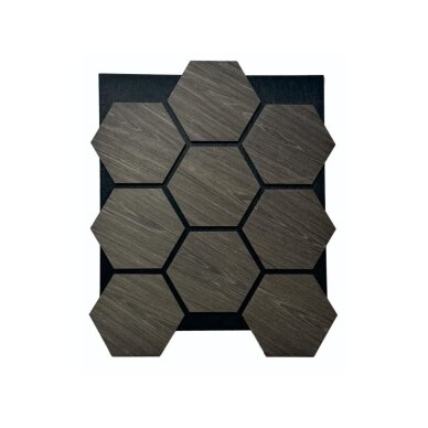 Dekoracyjny panel akustyczny ścienny | sufitowy | okładzina | wzór plastra miodu | sześciokątny wzór | 795,27x650,98x18mm | MDF + PET | imitacja ciemnoszarego dębu