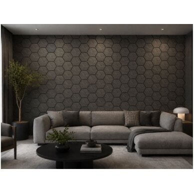 Dekoracyjny panel akustyczny ścienny | sufitowy | okładzina | wzór plastra miodu | sześciokątny wzór | 795,27x650,98x18mm | MDF + PET | imitacja ciemnoszarego dębu 2