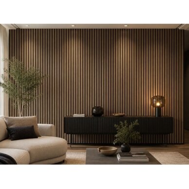 Dekoracyjny panel akustyczny ścienny | sufitowy | panel lamelowy | wykończenie wnętrz | 2400x600x22mm | MDF + PET | imitacja drewna orzechowego 3 Dekoracyjny panel akustyczny ścienny | sufitowy | panel lamelowy | wykończenie wnętrz | 2400x600x22mm | MDF + PET | imitacja drewna orzechowego 3