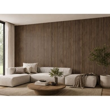 Dekoratīvais akustiskais sienas | griestu panelis | lameļu panelis | interjera apdare | 2400x600x22mm | MDF + PET | dabīgais valrieksts 3 Dekoratīvais akustiskais sienas | griestu panelis | lameļu panelis | interjera apdare | 2400x600x22mm | MDF + PET | dabīgais valrieksts 3