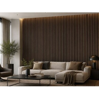 Dekoratiivne akustiline seina | laepaneel | liistpaneel | siseviimistlus | 2400x600x22mm | MDF + PET | tume pähklipuu imitatsioon 3