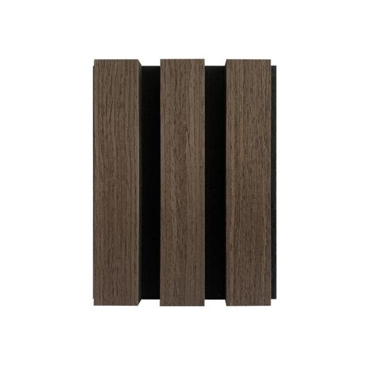 Dekoratiivne akustiline seina | laepaneel | liistpaneel | siseviimistlus | 3000x600x22mm | MDF + PET | tume pähklipuu imitatsioon Dekoratiivne akustiline seina | laepaneel | liistpaneel | siseviimistlus | 3000x600x22mm | MDF + PET | tume pähklipuu imitatsioon