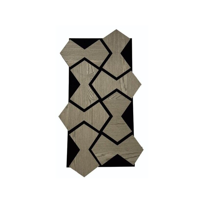 Dekoratīvs akustiskais sienu | griestu panelis | interjera apdare | smilšu pulksteņa formas elementi | 861,94x482,87x18mm | MDF + PET | pelēkā ozola imitācija