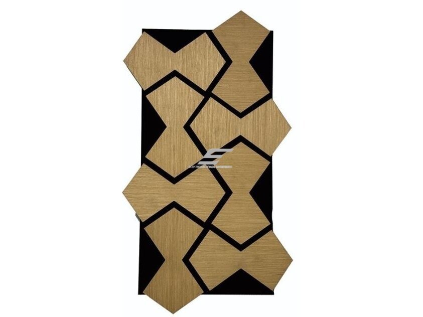 Dekoratyvinė akustinė sienų | lubų plokštė | apdaila | smėlio laikrodžio formos elementų | 861,94x482,87x18mm | MDF + PET | gelsvo ąžuolo imitacija