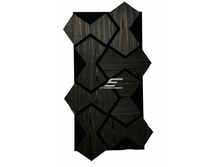 Dekoratyvinė akustinė sienų | lubų plokštė | apdaila | smėlio laikrodžio formos elementų | 861,94x482,87x18mm | MDF + PET | juodo ąžuolo imitacija Dekoratyvinė akustinė sienų | lubų plokštė | apdaila | smėlio laikrodžio formos elementų | 861,94x482,87x18mm | MDF + PET | juodo ąžuolo imitacija