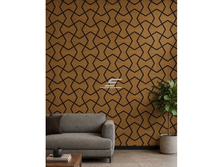 Dekoratyvinė akustinė sienų | lubų plokštė | apdaila | smėlio laikrodžio formos elementų | 861,94x482,87x18mm | MDF + PET | tikmedžio imitacija 2