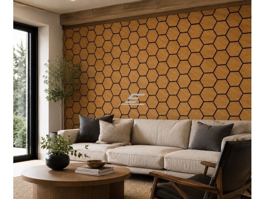 Dekoratyvinė akustinė sienų | lubų plokštė | apdaila | bičių korio | šešiakampių raštas | 795,27x650,98x18mm | MDF + PET | tikmedžio imitacija 2