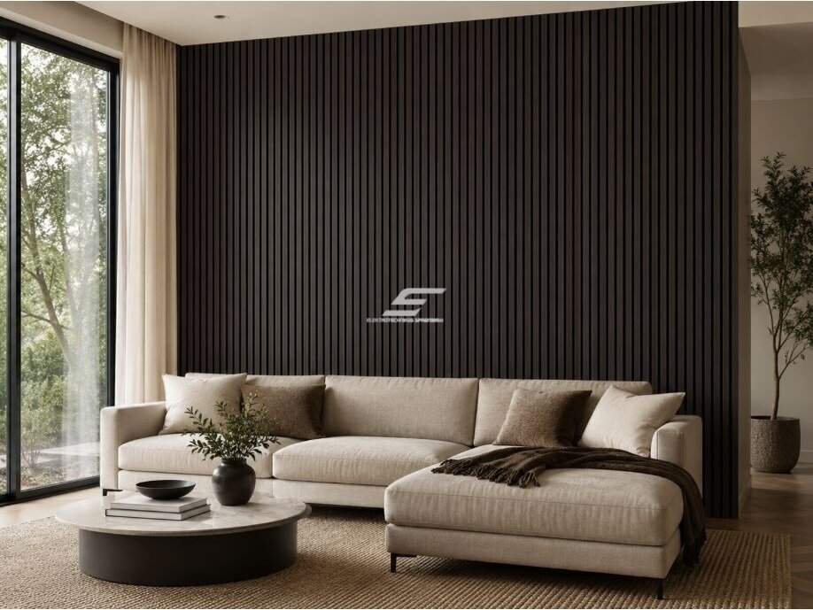 Dekoratyvinė akustinė sienų | lubų plokštė | lamelė | apdaila | 600x600x22mm | MDF + PET | natūralus juodas ąžuolas 3