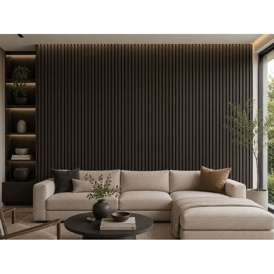 Dekoracyjny panel akustyczny ścienny | sufitowy | panel lamelowy | wykończenie wnętrz | 2400x600x22mm | MDF + PET | naturalny dymiony dąb 3