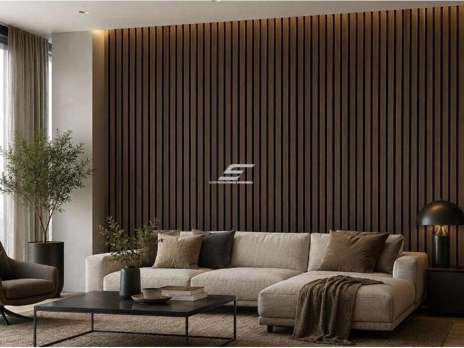 Dekoratyvinė akustinė sienų | lubų plokštė | lamelė | apdaila | 600x600x22mm | MDF + PET | tamsaus riešutmedžio imitacija 3