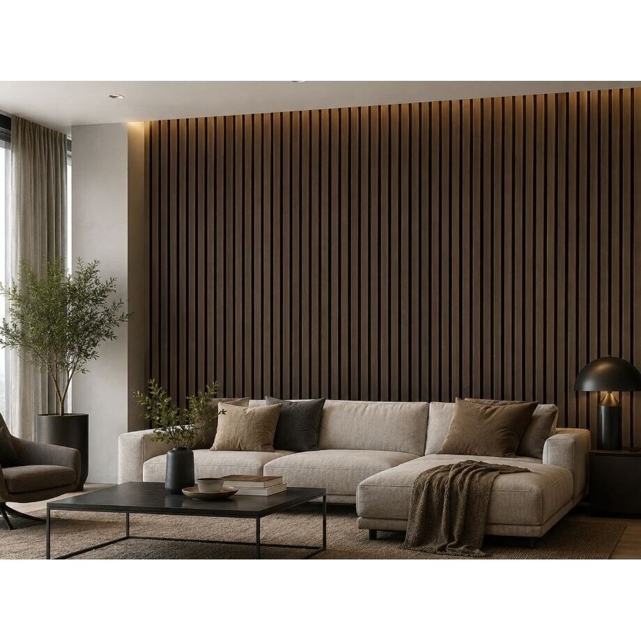 Dekoratiivne akustiline seina | laepaneel | liistpaneel | siseviimistlus | 3000x600x22mm | MDF + PET | tume pähklipuu imitatsioon 3