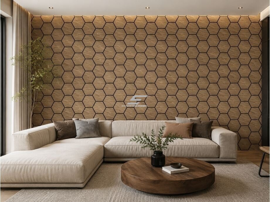 Dekoratyvinė akustinė sienų | lubų plokštė | apdaila | bičių korio | šešiakampių raštas | 795,27x650,98x18mm | MDF + PET | šviesaus riešutmedžio imitacija 2 Dekoratyvinė akustinė sienų | lubų plokštė | apdaila | bičių korio | šešiakampių raštas | 795,27x650,98x18mm | MDF + PET | šviesaus riešutmedžio imitacija 2