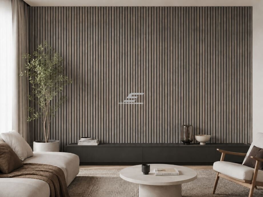 Dekoratyvinė akustinė sienų | lubų plokštė | lamelė | apdaila | 2400x600x22mm | MDF + PET | natūralus pilkas ąžuolas 3