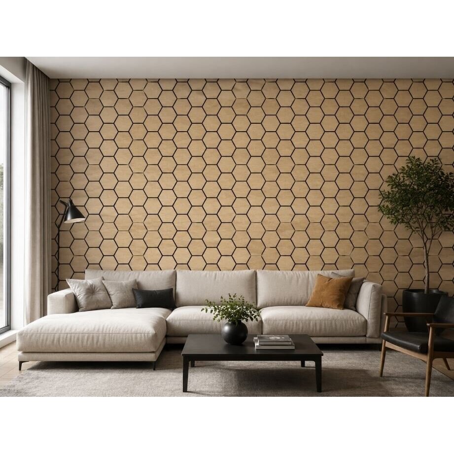 Dekoracyjny panel akustyczny ścienny | sufitowy | okładzina | wzór plastra miodu | sześciokątny wzór | 795,27x650,98x18mm | MDF + PET | imitacja dębu 2 Dekoracyjny panel akustyczny ścienny | sufitowy | okładzina | wzór plastra miodu | sześciokątny wzór | 795,27x650,98x18mm | MDF + PET | imitacja dębu 2