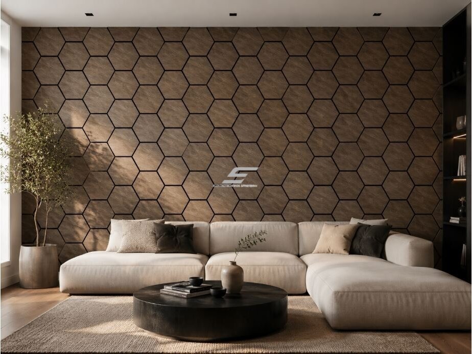 Dekoratyvinė akustinė sienų | lubų plokštė | apdaila | bičių korio | šešiakampių raštas | 795,27x650,98x18mm | MDF + PET | dūminio ąžuolo imitacija 2