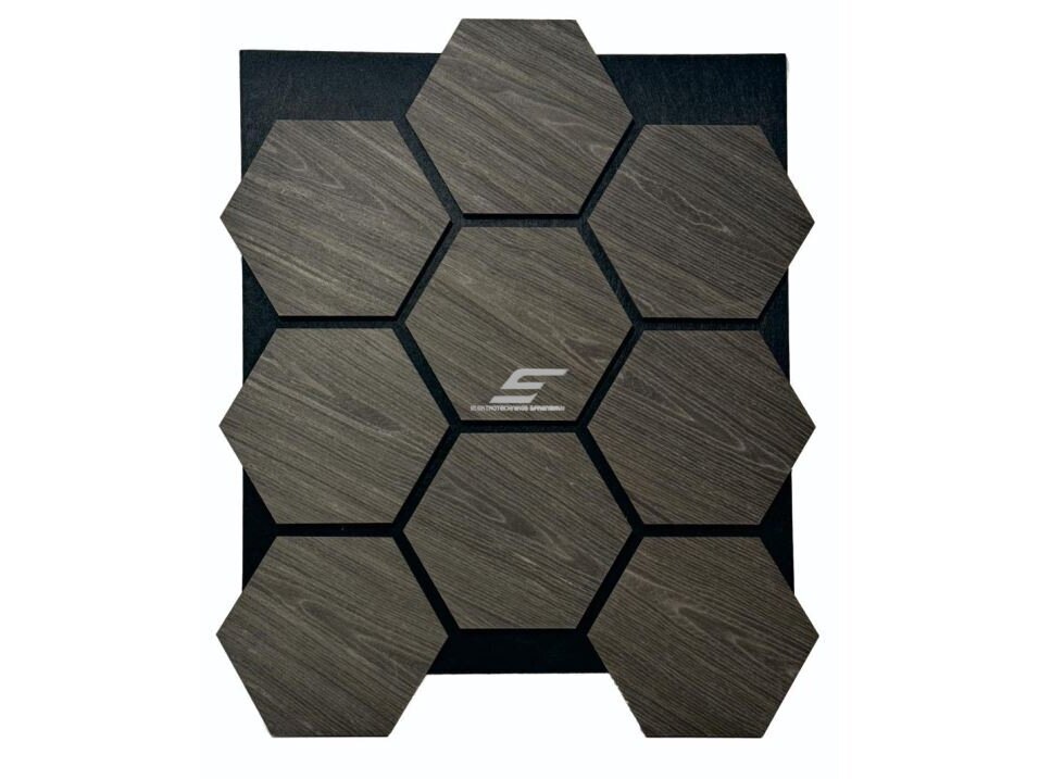 Dekoratyvinė akustinė sienų | lubų plokštė | apdaila | bičių korio | šešiakampių raštas | 795,27x650,98x18mm | MDF + PET | tamsiai pilko ąžuolo imitacija Dekoratyvinė akustinė sienų | lubų plokštė | apdaila | bičių korio | šešiakampių raštas | 795,27x650,98x18mm | MDF + PET | tamsiai pilko ąžuolo imitacija
