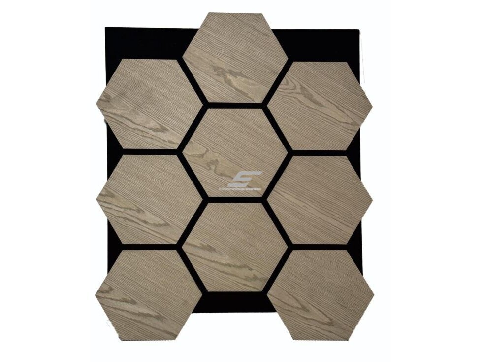 Dekoratyvinė akustinė sienų | lubų plokštė | apdaila | bičių korio | šešiakampių raštas | 795,27x650,98x18mm | MDF + PET | pilko ąžuolo imitacija