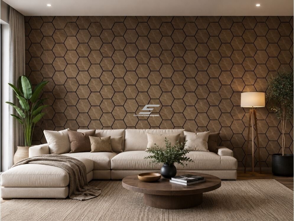 Dekoratyvinė akustinė sienų | lubų plokštė | apdaila | bičių korio | šešiakampių raštas | 795,27x650,98x18mm | MDF + PET | riešutmedžio imitacija 2 Dekoratyvinė akustinė sienų | lubų plokštė | apdaila | bičių korio | šešiakampių raštas | 795,27x650,98x18mm | MDF + PET | riešutmedžio imitacija 2