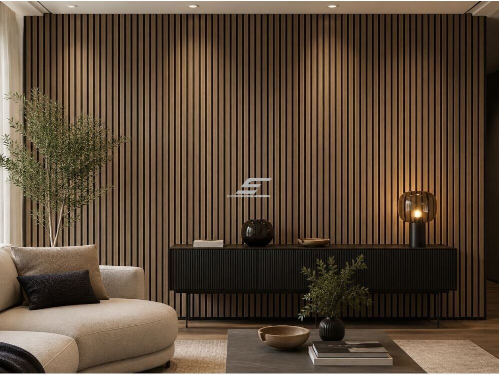 Dekoratyvinė akustinė sienų | lubų plokštė | lamelė | apdaila | 3000x600x22mm | MDF + PET | riešutmedžio imitacija 3 Dekoratyvinė akustinė sienų | lubų plokštė | lamelė | apdaila | 3000x600x22mm | MDF + PET | riešutmedžio imitacija 3