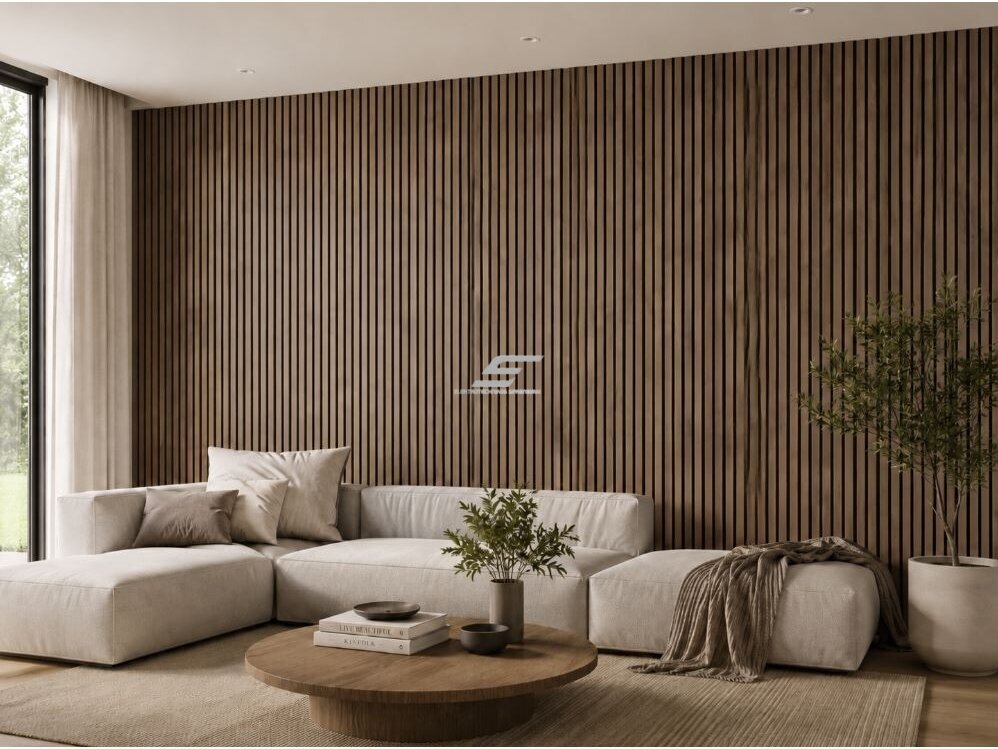 Dekoratyvinė akustinė sienų | lubų plokštė | lamelė | apdaila | 3000x600x22mm | MDF + PET | natūralus riešutmedis 3 Dekoratyvinė akustinė sienų | lubų plokštė | lamelė | apdaila | 3000x600x22mm | MDF + PET | natūralus riešutmedis 3