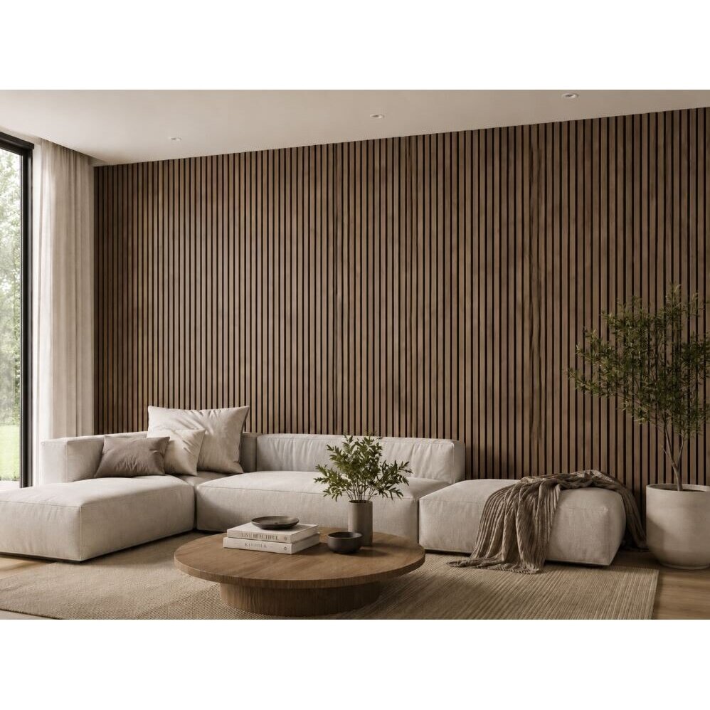 Dekoratīvais akustiskais sienas | griestu panelis | lameļu panelis | interjera apdare | 2400x600x22mm | MDF + PET | dabīgais valrieksts 3