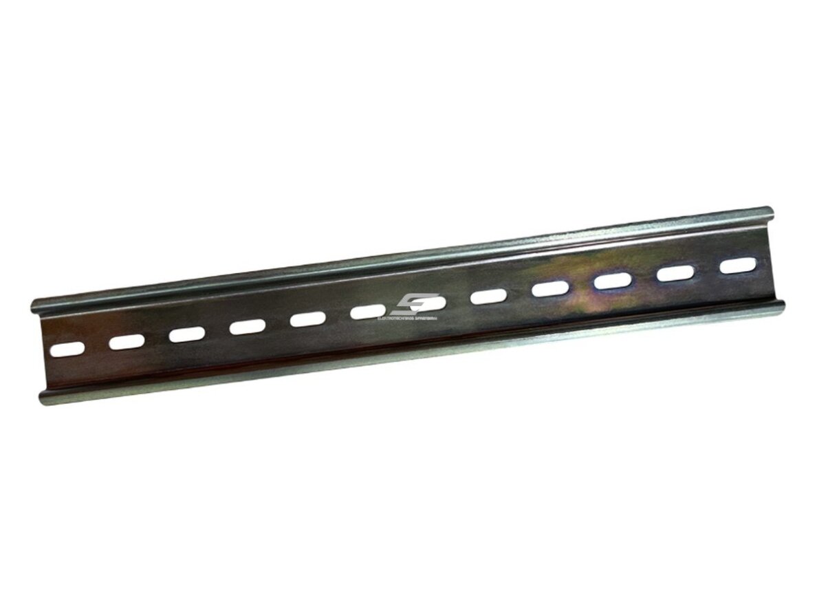 DIN bėgelis | 35×7,5 mm | 100 mm | perforuotas 6×15 | cinkuotas plienas | EN 60715 | Promfactor Baltic | FD010100