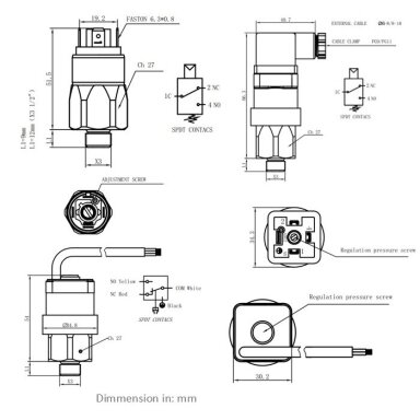 Diaphragm pressure switch | 1–5 bar | 1–10 bar | 10–20 bar | 20–50 bar | 4A | 250VAC | 42VDC | IP65/67