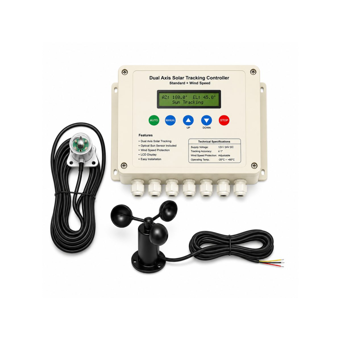 Dual-axis solar tracking controller | with optical sun sensor, anemometer and remote control | for solar panel rotation control (Kopija) Dual-axis solar tracking controller | with optical sun sensor, anemometer and remote control | for solar panel rotation control (Kopija)