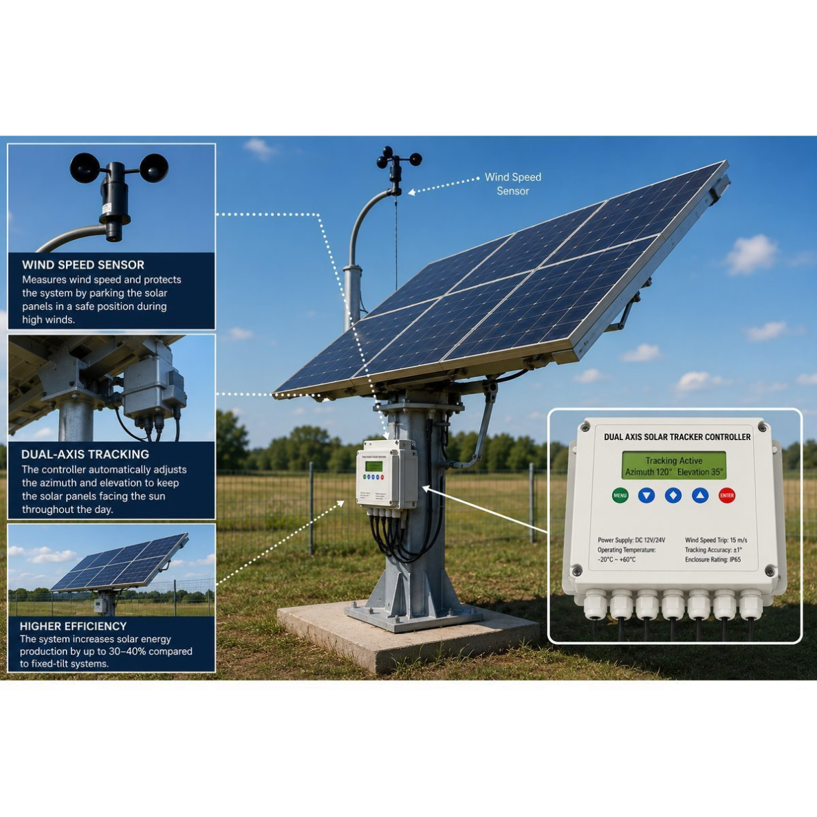 Dual-axis solar tracking controller | with optical sun sensor, anemometer and remote control | for solar panel rotation control (Kopija) 1 Dual-axis solar tracking controller | with optical sun sensor, anemometer and remote control | for solar panel rotation control (Kopija) 1