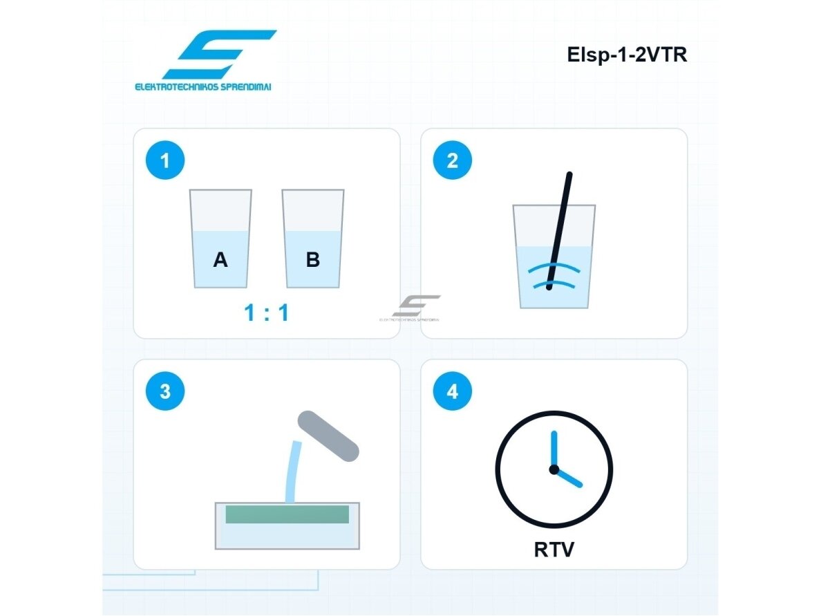 Dvikomponentis skaidrus silikoninis gelis užliejimui ir hermetizavimui | RTV-2 | maišymas 1:1 | −60…+250 °C | 1 kg | Elsp-1-2VTR 3 Dvikomponentis skaidrus silikoninis gelis užliejimui ir hermetizavimui | RTV-2 | maišymas 1:1 | −60…+250 °C | 1 kg | Elsp-1-2VTR 3