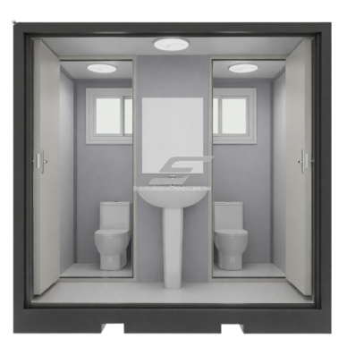 Kahekordne mobiilne sanitaarne konteiner-WC | 2 tualetti koos valamuga | 2270x2070x2255mm Kahekordne mobiilne sanitaarne konteiner-WC | 2 tualetti koos valamuga | 2270x2070x2255mm