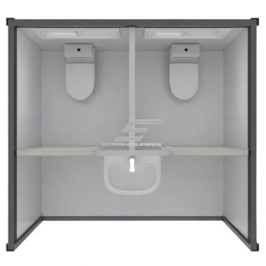 Kahekordne mobiilne sanitaarne konteiner-WC | 2 tualetti koos valamuga | 2270x2070x2255mm 2 Kahekordne mobiilne sanitaarne konteiner-WC | 2 tualetti koos valamuga | 2270x2070x2255mm 2