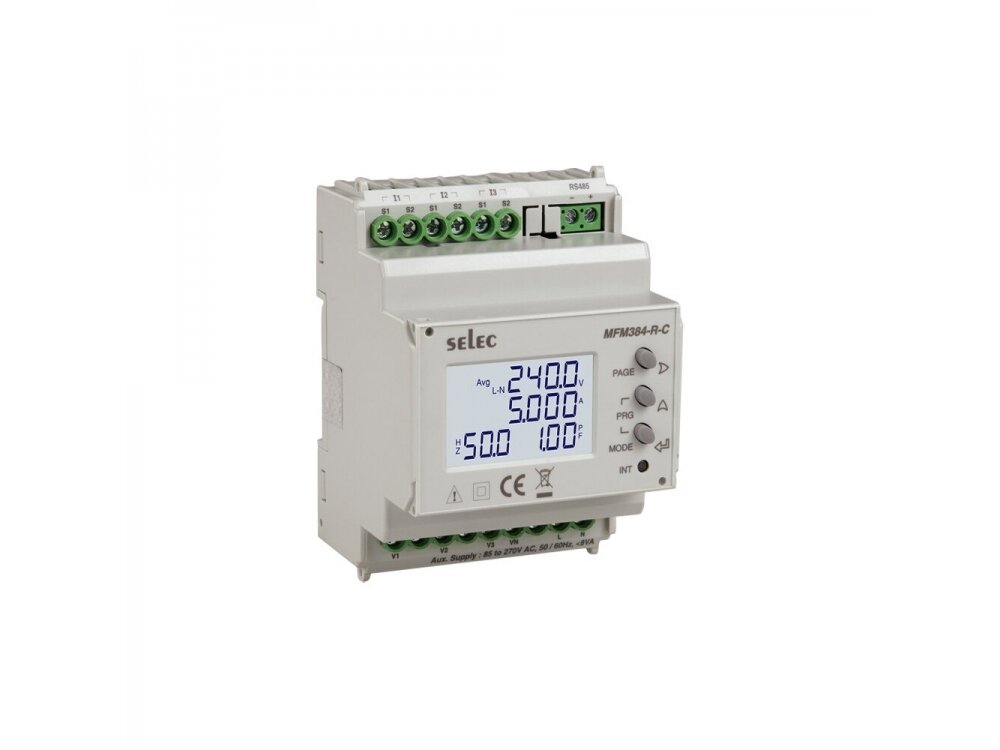 Modulinis trifazis multifunkcinis elektros energijos skaitiklis | per srovės transformatorius …/5 A (…/1 A) | 3×230/400 V | RS485 Modbus | Importas / eksportas | DIN | Selec MFM384-R-C-CE Modulinis trifazis multifunkcinis elektros energijos skaitiklis | per srovės transformatorius …/5 A (…/1 A) | 3×230/400 V | RS485 Modbus | Importas / eksportas | DIN | Selec MFM384-R-C-CE