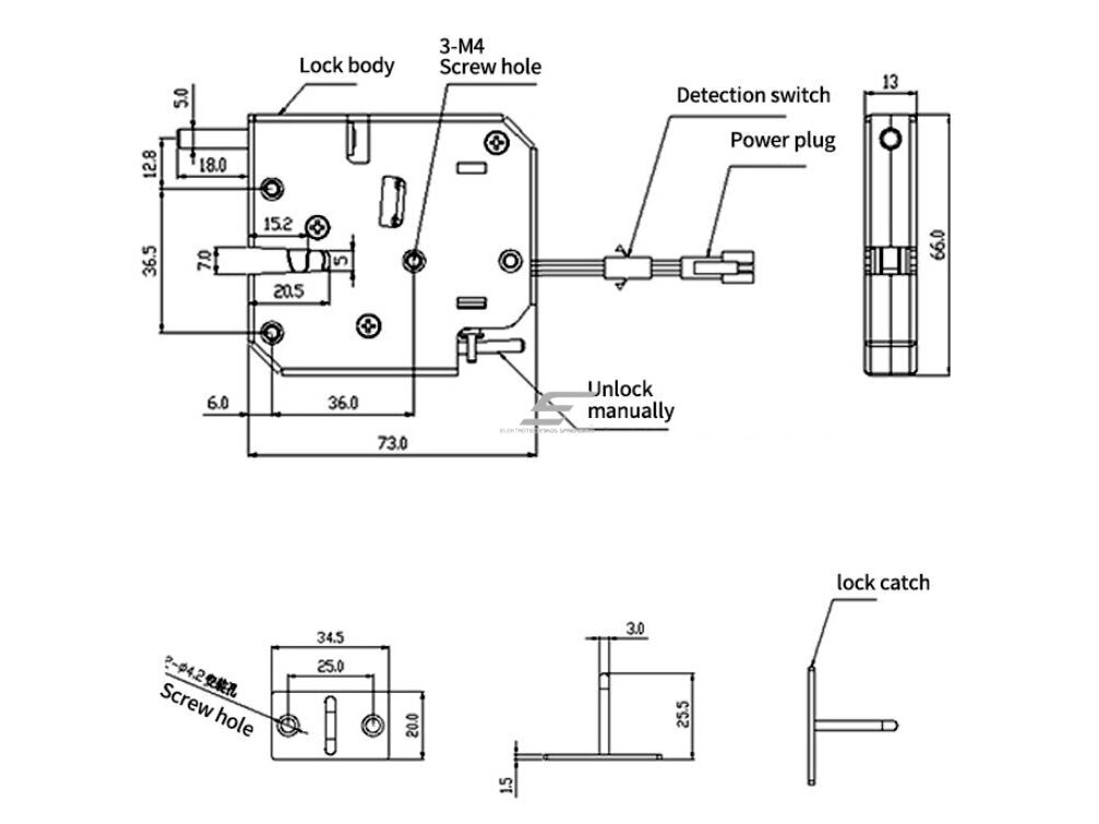 Elektromechaninė sklendė | užraktas | paštomatams | 24VDC | 1A | 73x66x13mm | atrakinama įjungus maitinimą | plieninis | juoda 4