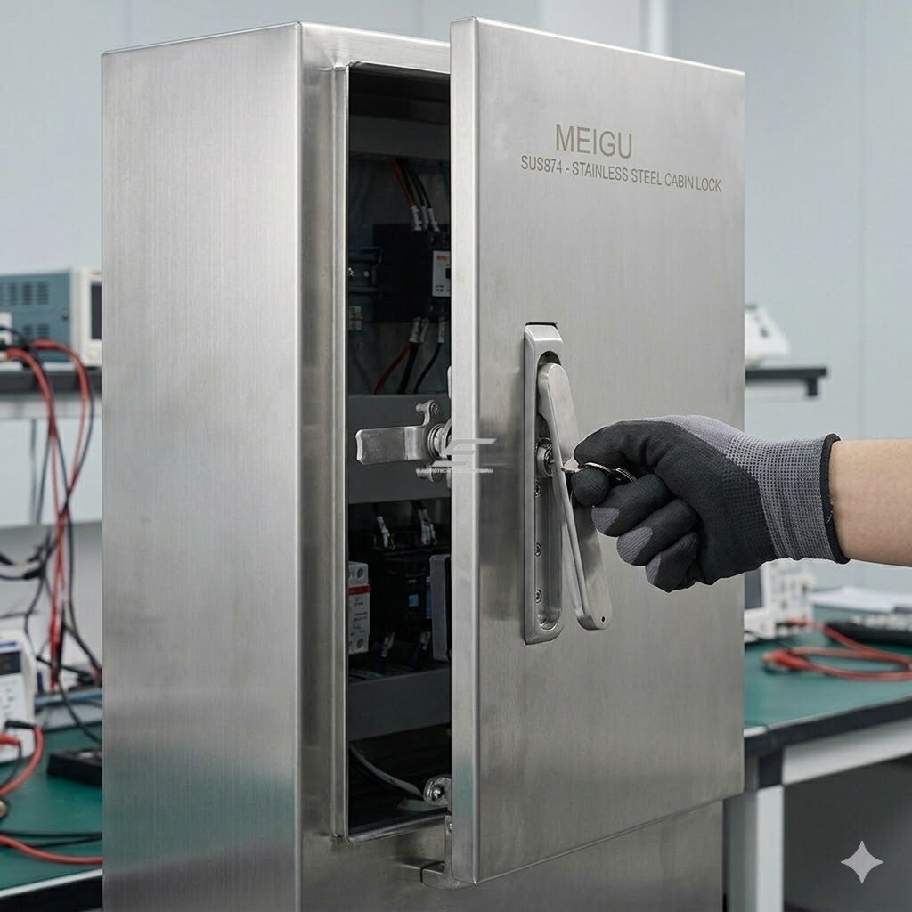 Zamek drzwi szafy elektrycznej | z systemem prętowym | 16.2x10.7x7.1 cm | do rozdzielnic i szaf elektrycznych | stal nierdzewna 2 Zamek drzwi szafy elektrycznej | z systemem prętowym | 16.2x10.7x7.1 cm | do rozdzielnic i szaf elektrycznych | stal nierdzewna 2