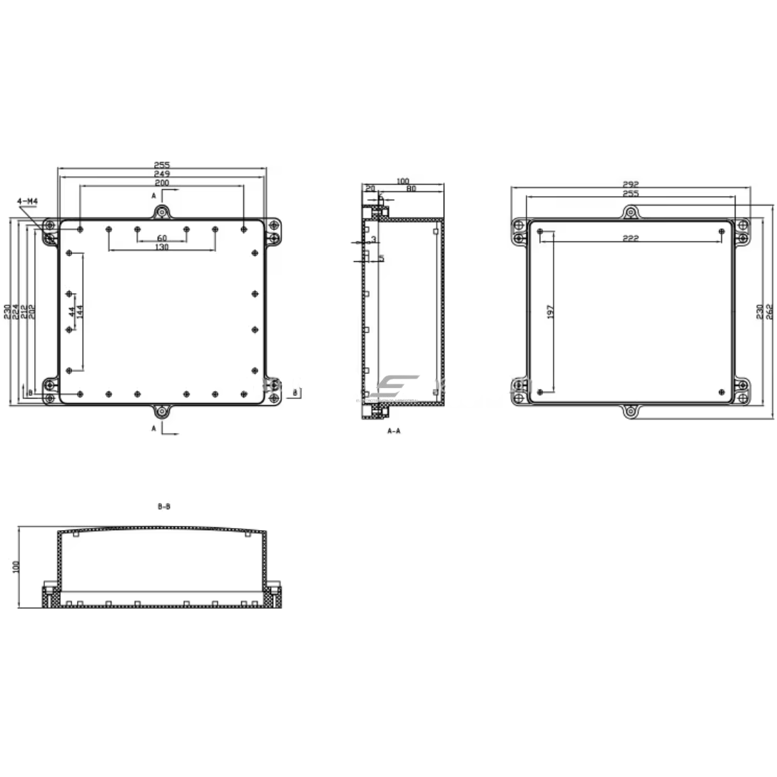 Rozdzielnica elektryczna | z uszami po bokach | hermetyczna | 255x230x100mm | montaż powierzchniowy | plastikowy | szary | IP65 5
