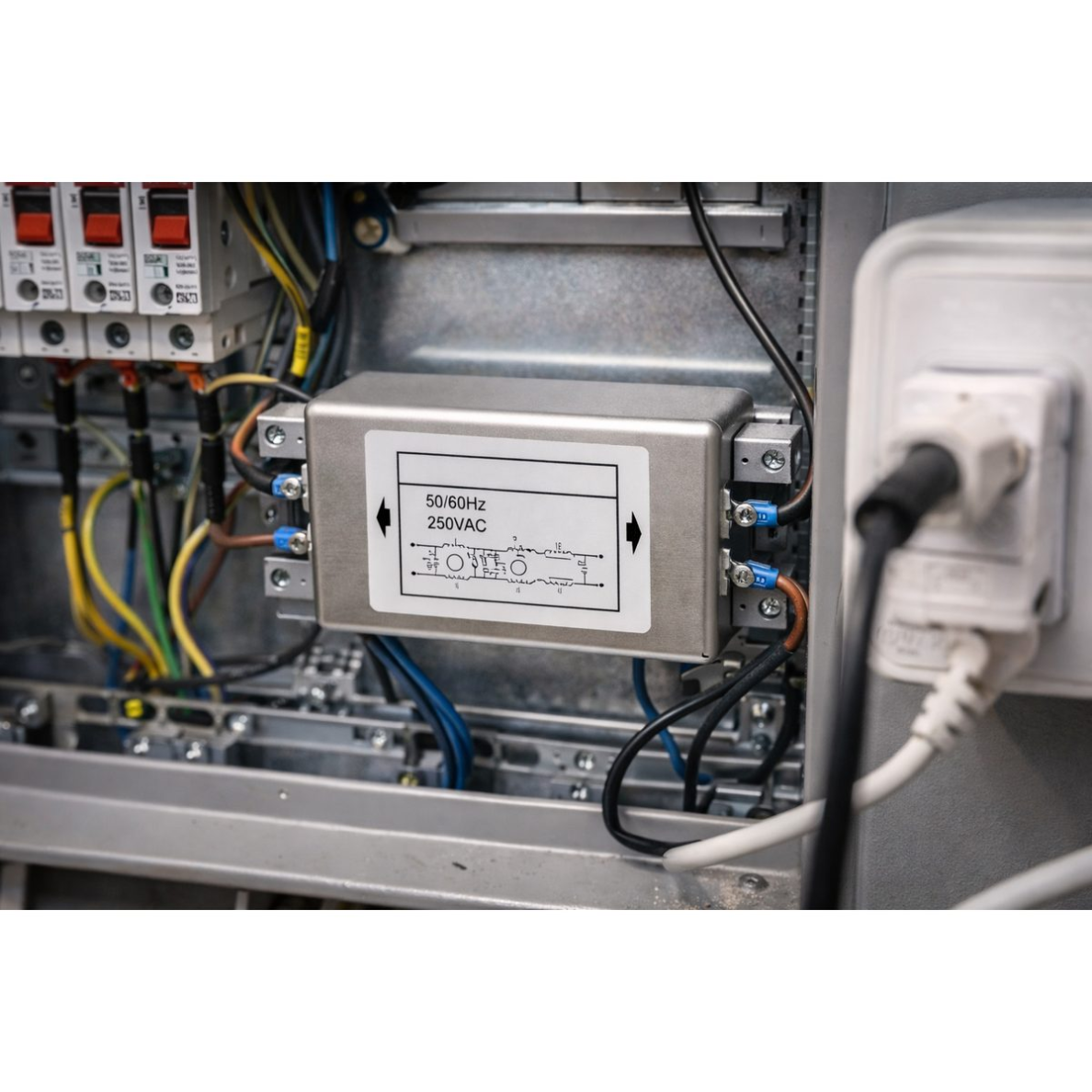 Filtr sieciowy EMI (zakłóceń elektromagnetycznych) | do tłumienia zakłóceń w sieci elektrycznej | szyna DIN | 250V | 40A | ochrona EMC 1 Filtr sieciowy EMI (zakłóceń elektromagnetycznych) | do tłumienia zakłóceń w sieci elektrycznej | szyna DIN | 250V | 40A | ochrona EMC 1