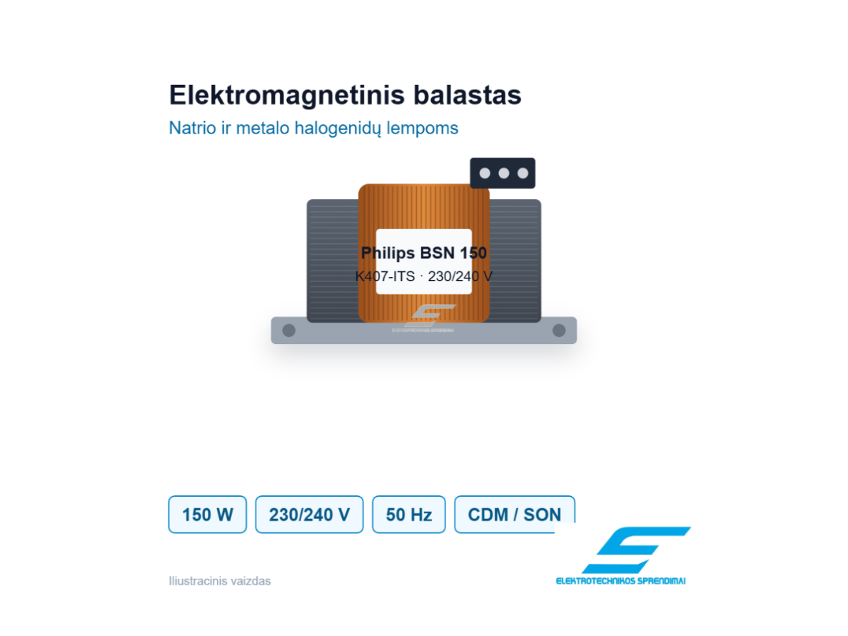 Elektromagnetinis balastas natrio ir metalo halogenidų lempoms | 150W | 230/240V | 50Hz | Philips BSN 150 K407-ITS BC2-134 | 913700277426
