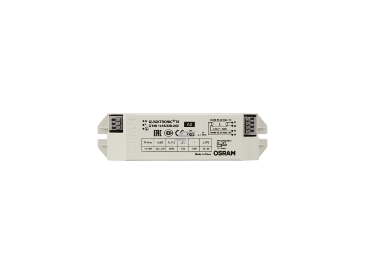 Elektroninis balastas T8 (26 mm) liuminescencinei lempai | 1×18 W | 220–240 V | OSRAM QUICKTRONIC QTz8 1X18 | 4008321863263 1 Elektroninis balastas T8 (26 mm) liuminescencinei lempai | 1×18 W | 220–240 V | OSRAM QUICKTRONIC QTz8 1X18 | 4008321863263 1